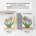 Daisy Stained Glass Bookends, Natural Pine Wood Base April Birth Flower Gift White Floral Suncatcher, Nursery Decor, Unique Teacher Gift