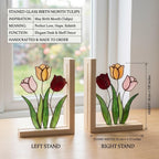 Tulip Stained Glass Bookends, Natural Wood Base May Birth Flower Gift Colorful Floral Suncatcher, Unique Anniversary Gift, Library Decor