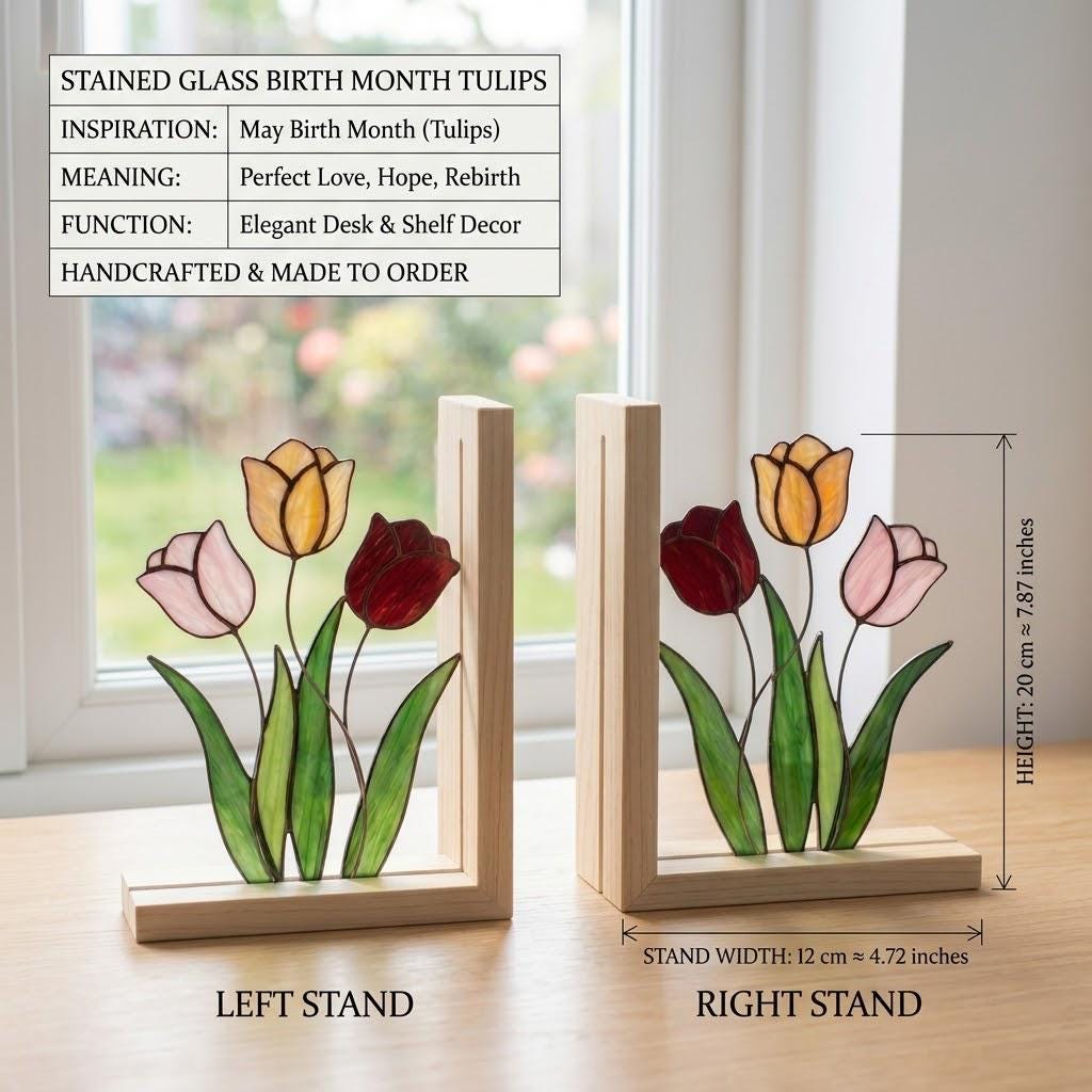 Tulip Stained Glass Bookends, Natural Wood Base May Birth Flower Gift Colorful Floral Suncatcher, Unique Anniversary Gift, Library Decor