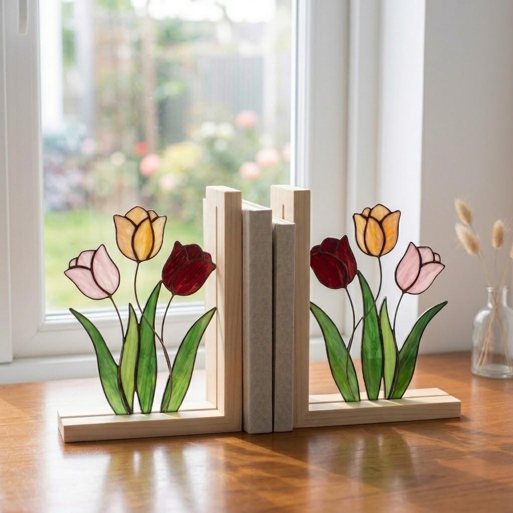 Tulip Stained Glass Bookends, Natural Wood Base May Birth Flower Gift Colorful Floral Suncatcher, Unique Anniversary Gift, Library Decor