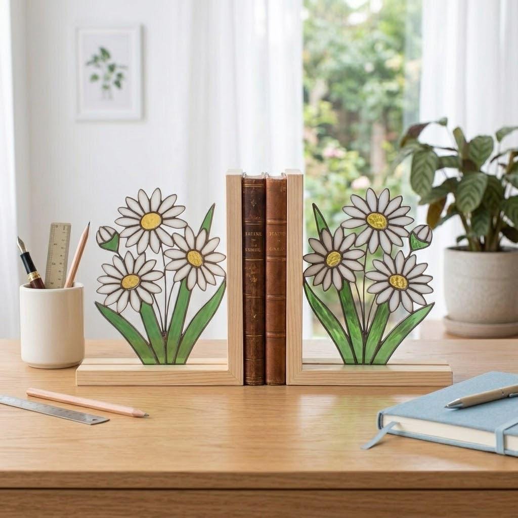 Personalized Daisy Stained Glass Bookends April Birth Flower Gift White Flower Suncatcher, Unique Teacher Gift, Nursery Bookshelf Decor