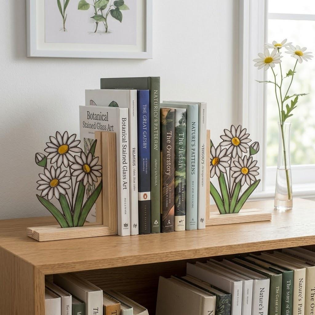 Personalized Daisy Stained Glass Bookends April Birth Flower Gift White Flower Suncatcher, Unique Teacher Gift, Nursery Bookshelf Decor