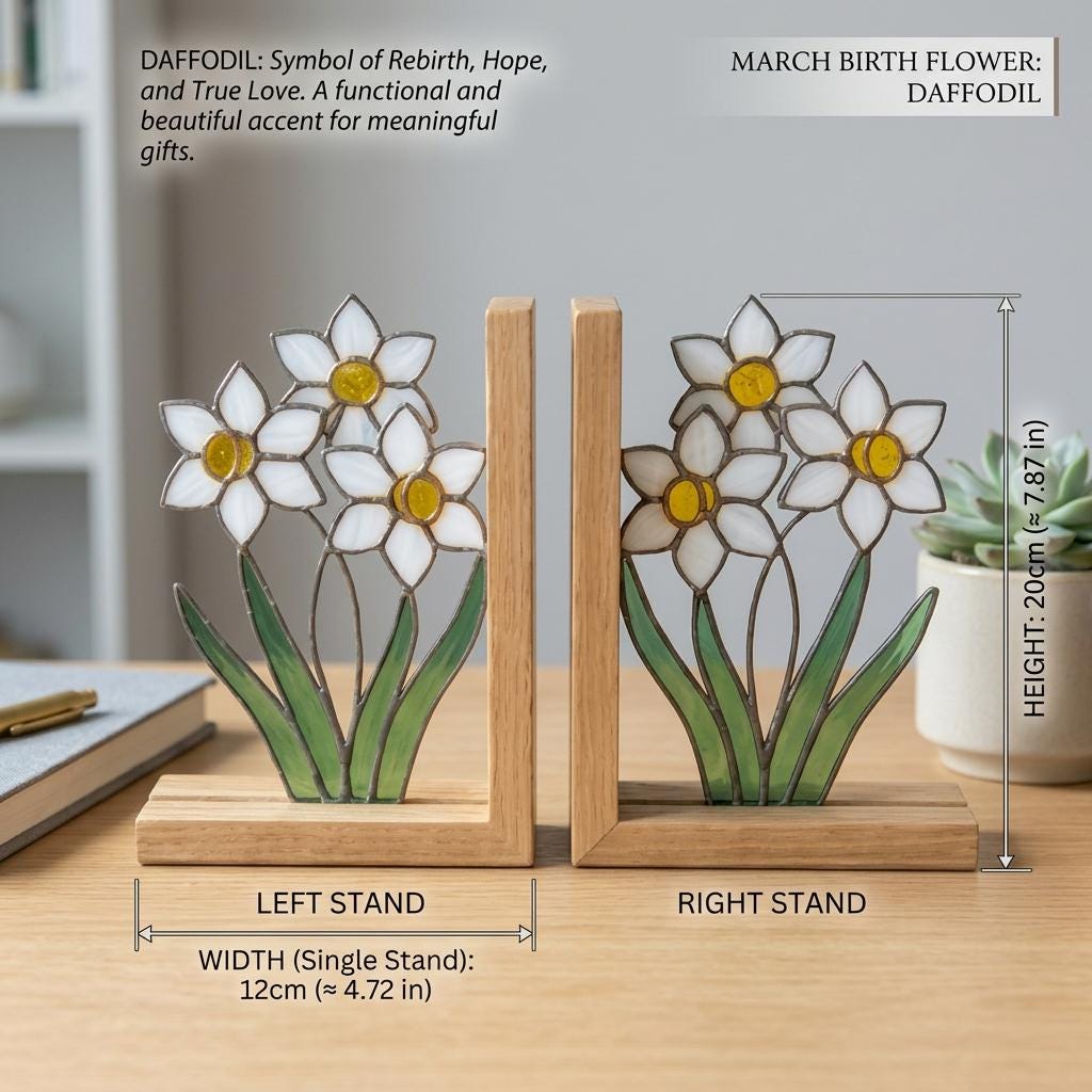 Personalized Daffodil Stained Glass Bookends March Birth Flower Gift White Yellow Floral Suncatcher, Unique New Home Gift, Library Decor