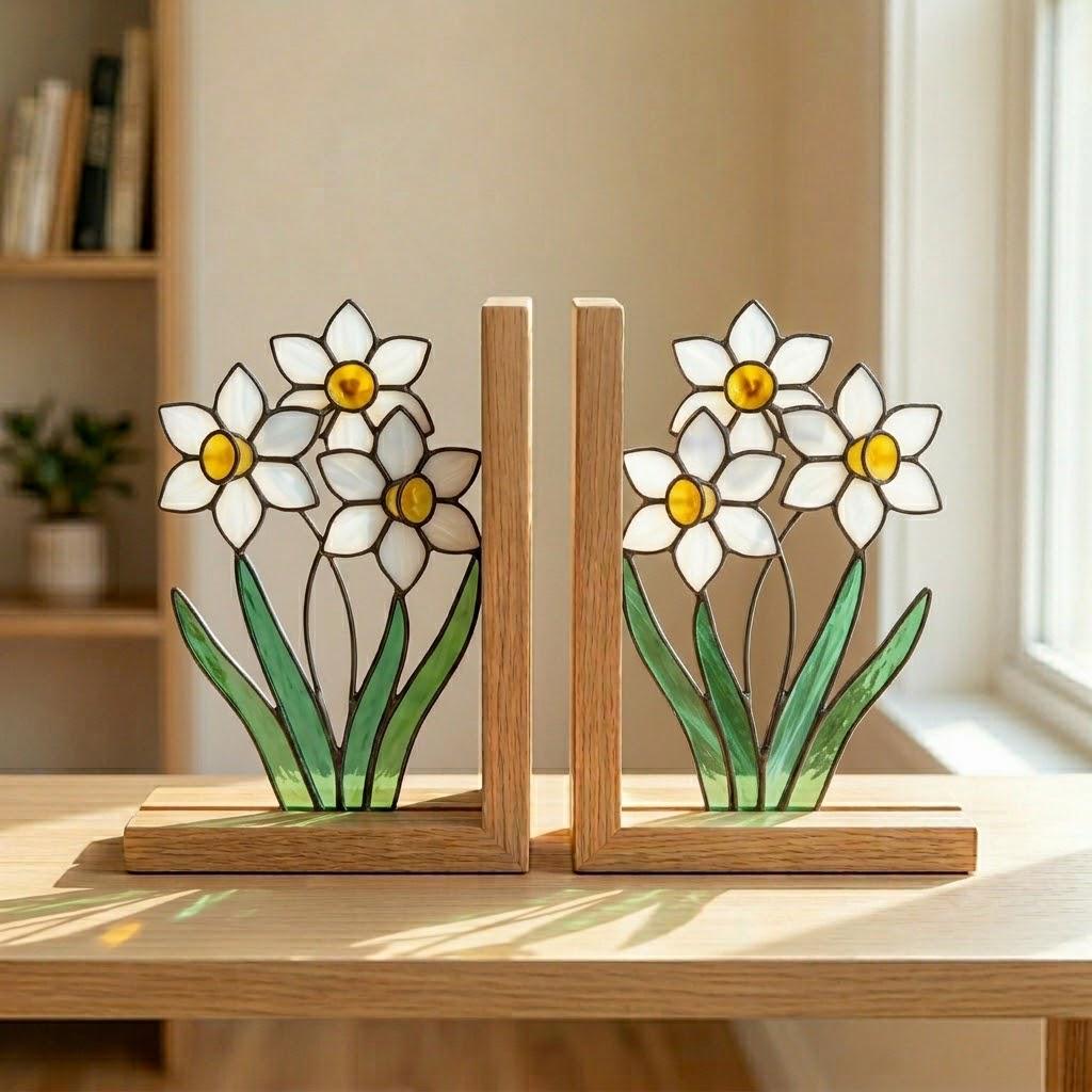 Personalized Daffodil Stained Glass Bookends March Birth Flower Gift White Yellow Floral Suncatcher, Unique New Home Gift, Library Decor
