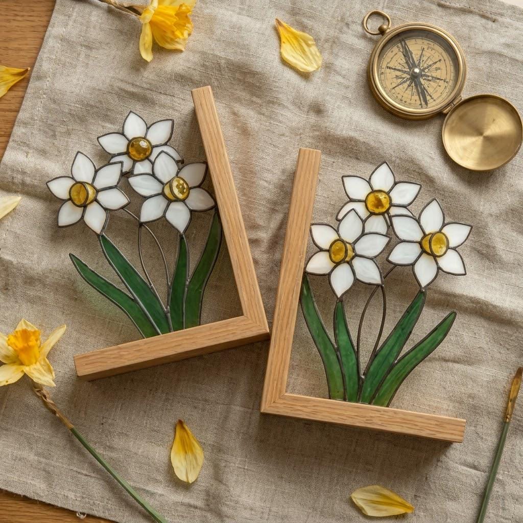 Personalized Daffodil Stained Glass Bookends March Birth Flower Gift White Yellow Floral Suncatcher, Unique New Home Gift, Library Decor