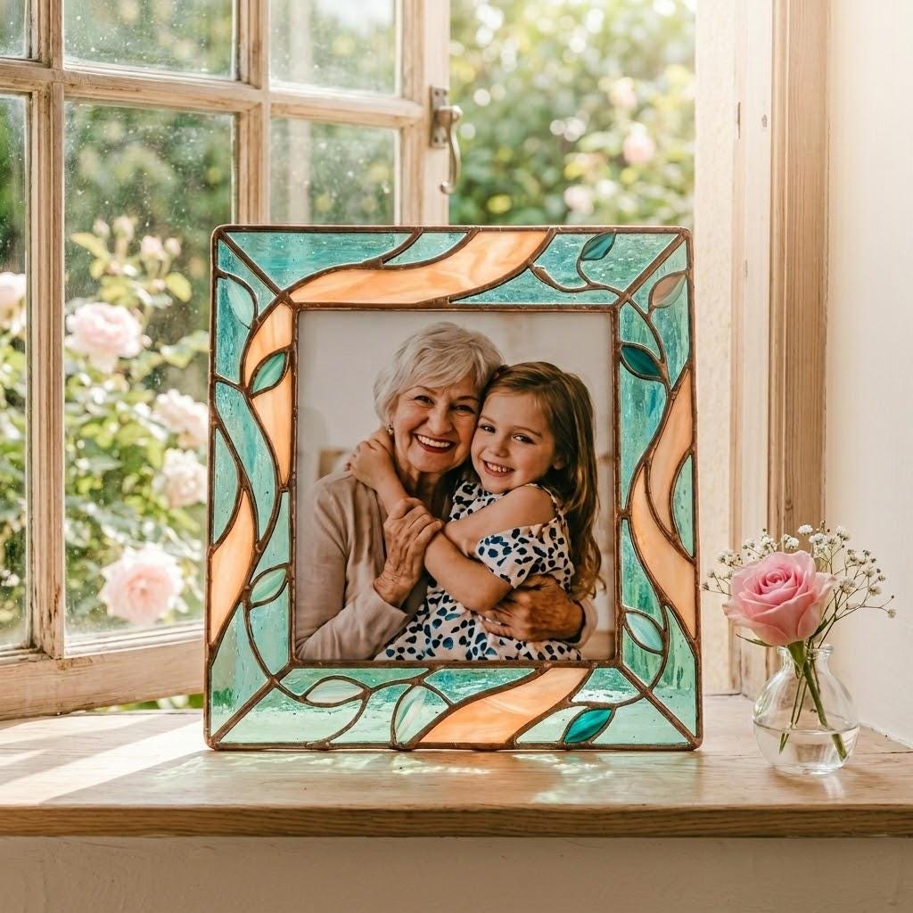 Stained Glass Photo Frame - Custom Mother's Day Gift - Tiffany Glass Art - Anniversary Gift for Wife - Boho Home Decor