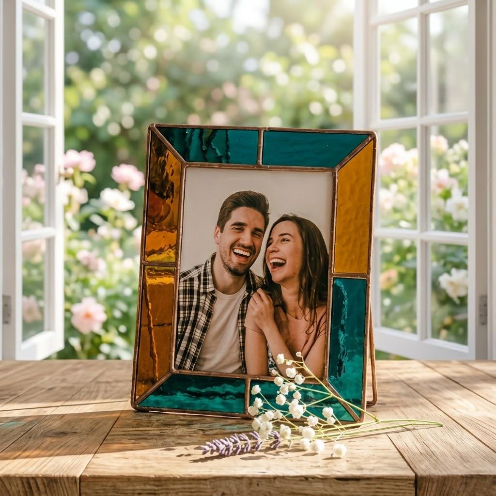 Stained Glass Photo Frame - Custom Mother's Day Gift - Tiffany Glass Art - Anniversary Gift for Wife - Boho Home Decor