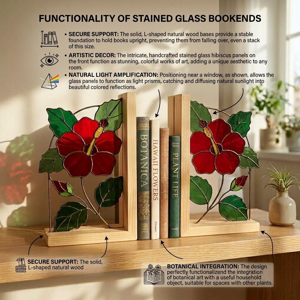 Handmade Hibiscus Stained Glass Bookends, Red Floral Bookshelf Decor, August Birth Flower Gift, Botanical Art for Book Lovers
