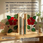 Handmade Hibiscus Stained Glass Bookends, Red Floral Bookshelf Decor, August Birth Flower Gift, Botanical Art for Book Lovers