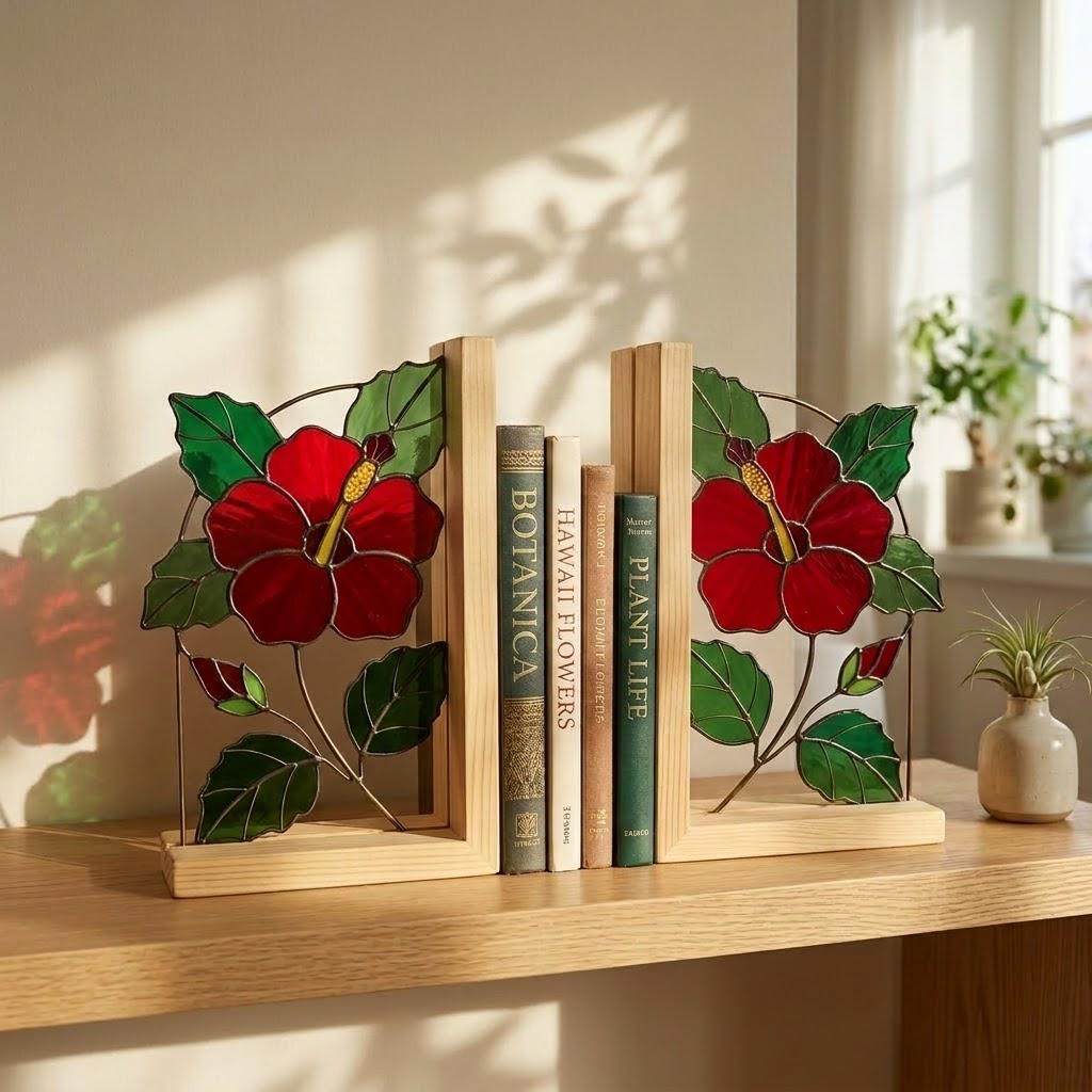 Handmade Hibiscus Stained Glass Bookends, Red Floral Bookshelf Decor, August Birth Flower Gift, Botanical Art for Book Lovers