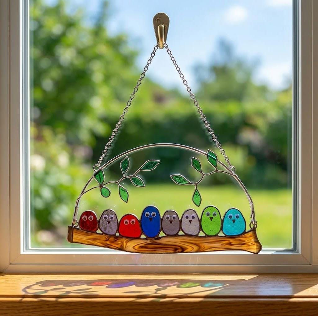 Stained Glass Bird Suncatcher Family of Birds Window Hanging Mother's Day Gift for Mom Sunroom Decor Housewarming Gift