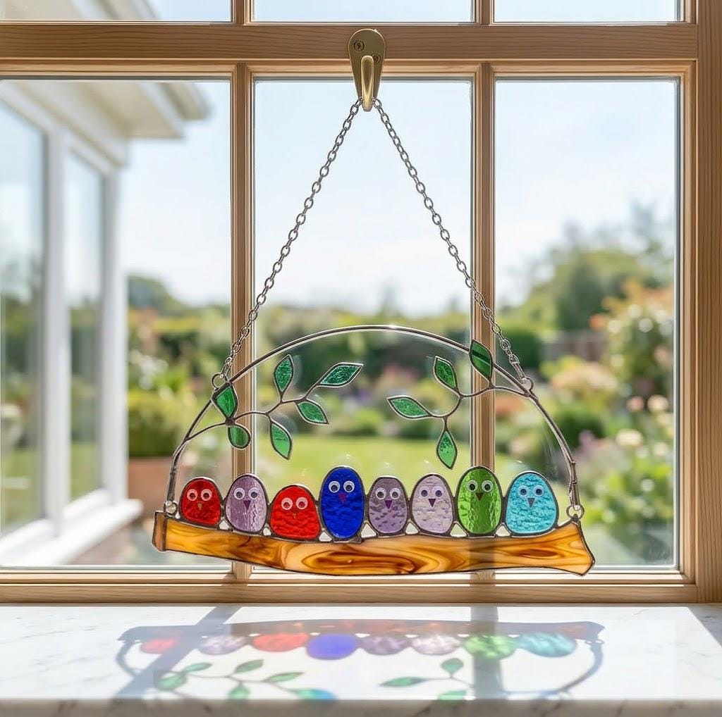 Stained Glass Bird Suncatcher Family of Birds Window Hanging Mother's Day Gift for Mom Sunroom Decor Housewarming Gift