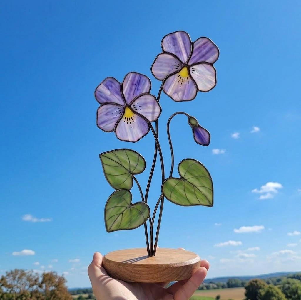 Violet Stained Glass Flower February Birth Month Gift Mother's Day Gift for Mom 2D Floral Desk Decor Unique Birthday Gift for Her