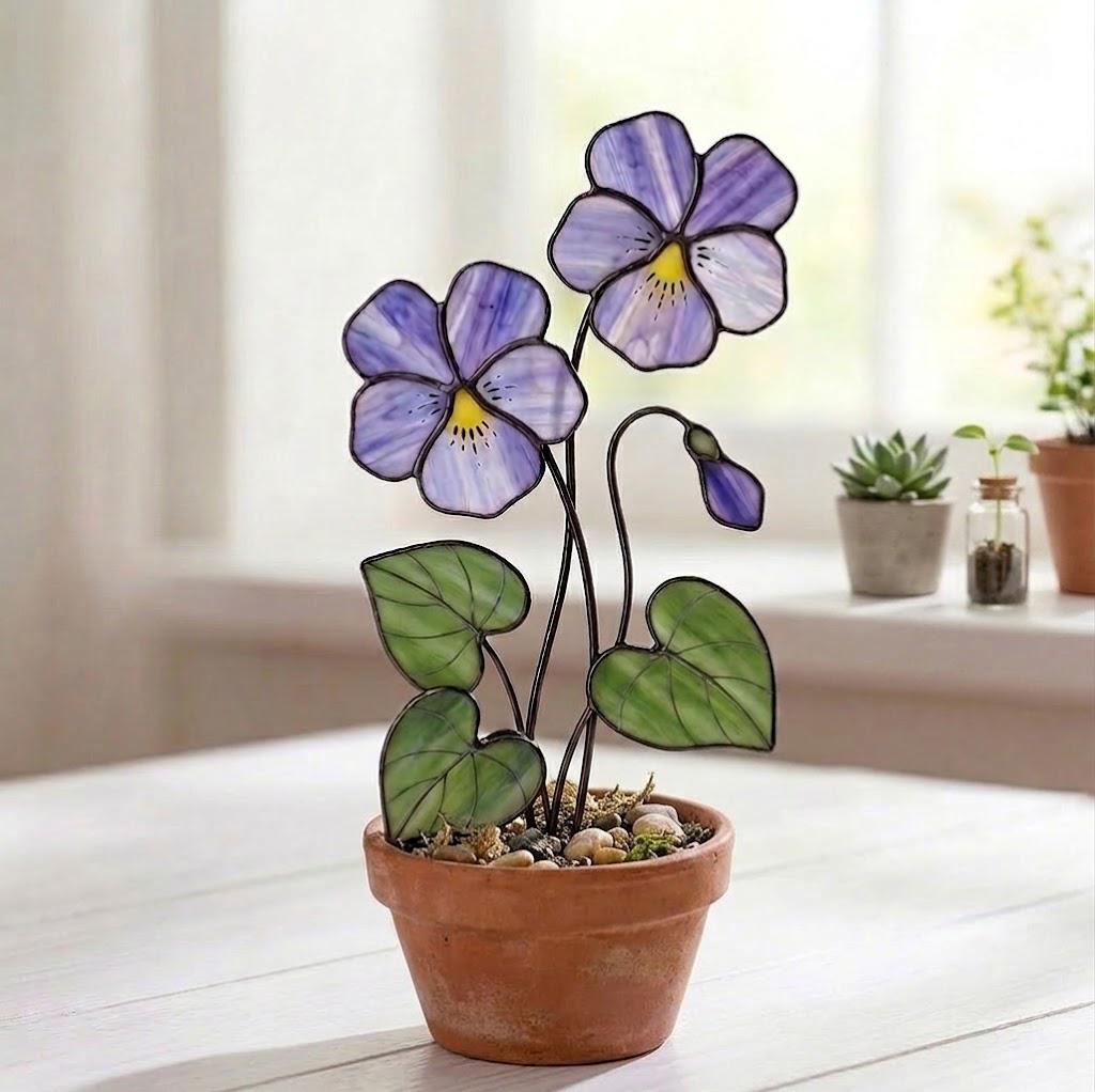 Violet Stained Glass Flower February Birth Month Gift Mother's Day Gift for Mom 2D Floral Desk Decor Unique Birthday Gift for Her