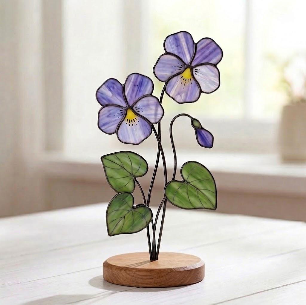Violet Stained Glass Flower February Birth Month Gift Mother's Day Gift for Mom 2D Floral Desk Decor Unique Birthday Gift for Her