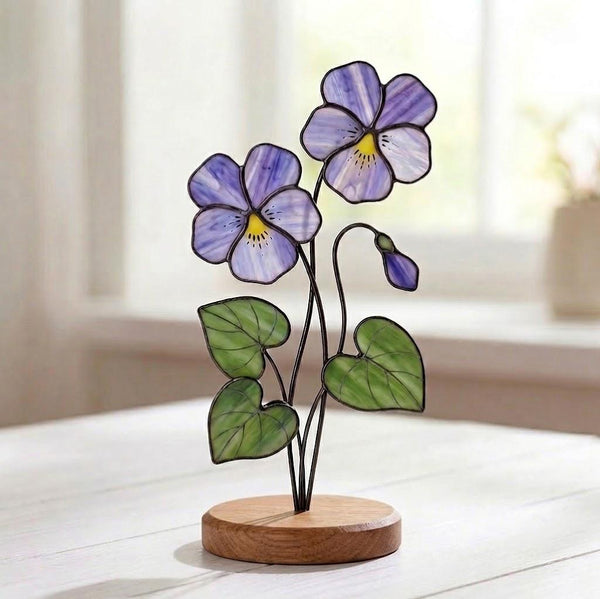 Violet Stained Glass Flower February Birth Month Gift Mother's Day Gift for Mom 2D Floral Desk Decor Unique Birthday Gift for Her