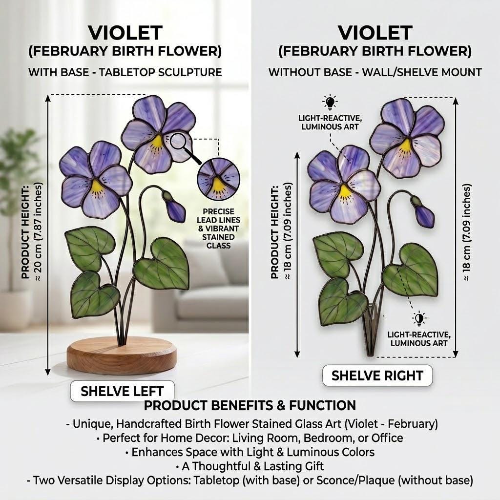 Violet Stained Glass Flower February Birth Month Gift Mother's Day Gift for Mom 2D Floral Desk Decor Unique Birthday Gift for Her