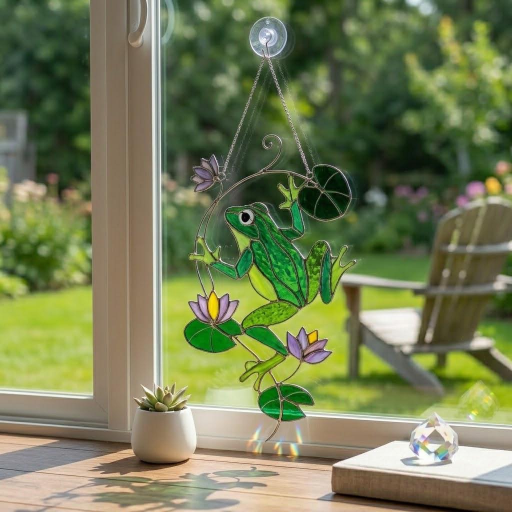 Stained Glass Frog Suncatcher, Green Frog Window Hanging, Lotus Pond Sun Catcher, Nature Decor, Cottagecore Gift, Handmade Glass Art