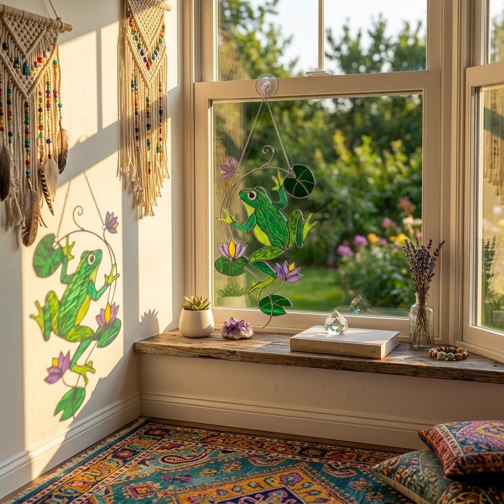 Stained Glass Frog Suncatcher, Green Frog Window Hanging, Lotus Pond Sun Catcher, Nature Decor, Cottagecore Gift, Handmade Glass Art