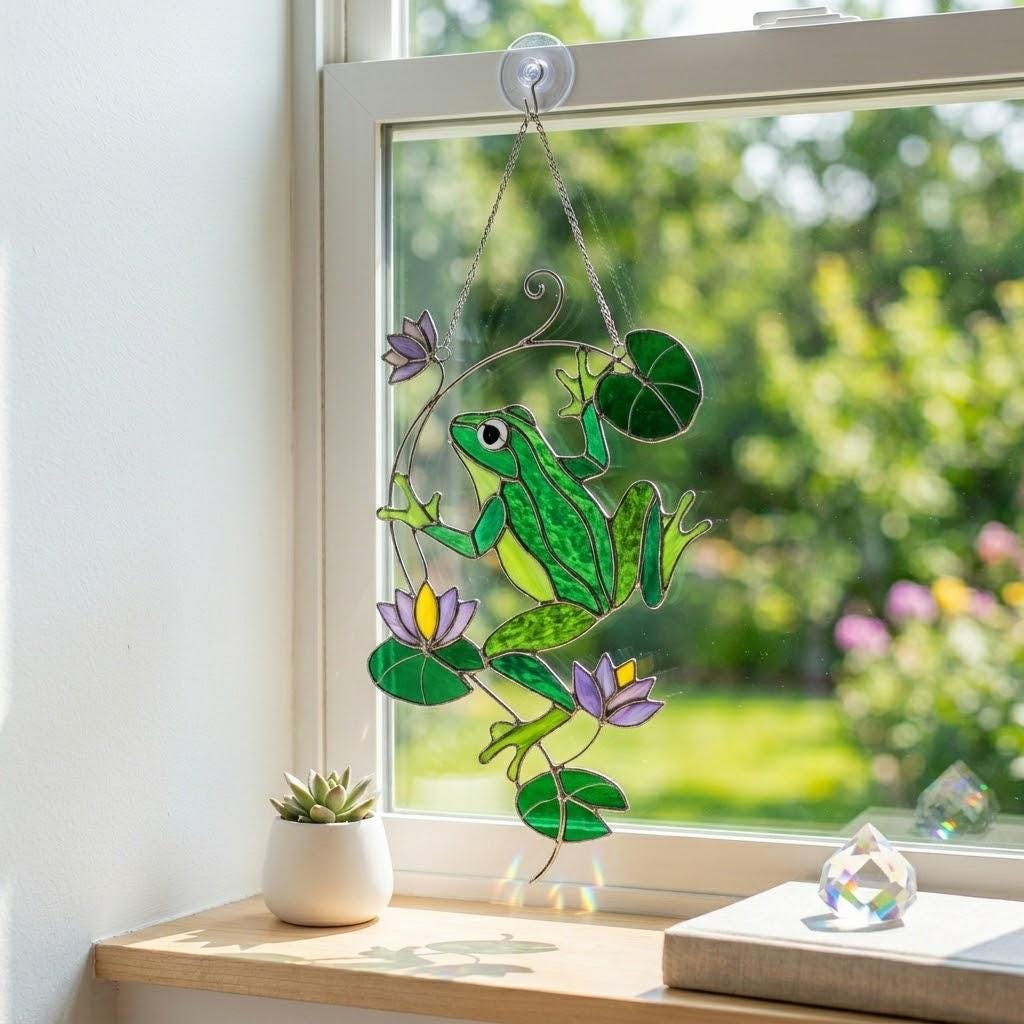 Stained Glass Frog Suncatcher, Green Frog Window Hanging, Lotus Pond Sun Catcher, Nature Decor, Cottagecore Gift, Handmade Glass Art