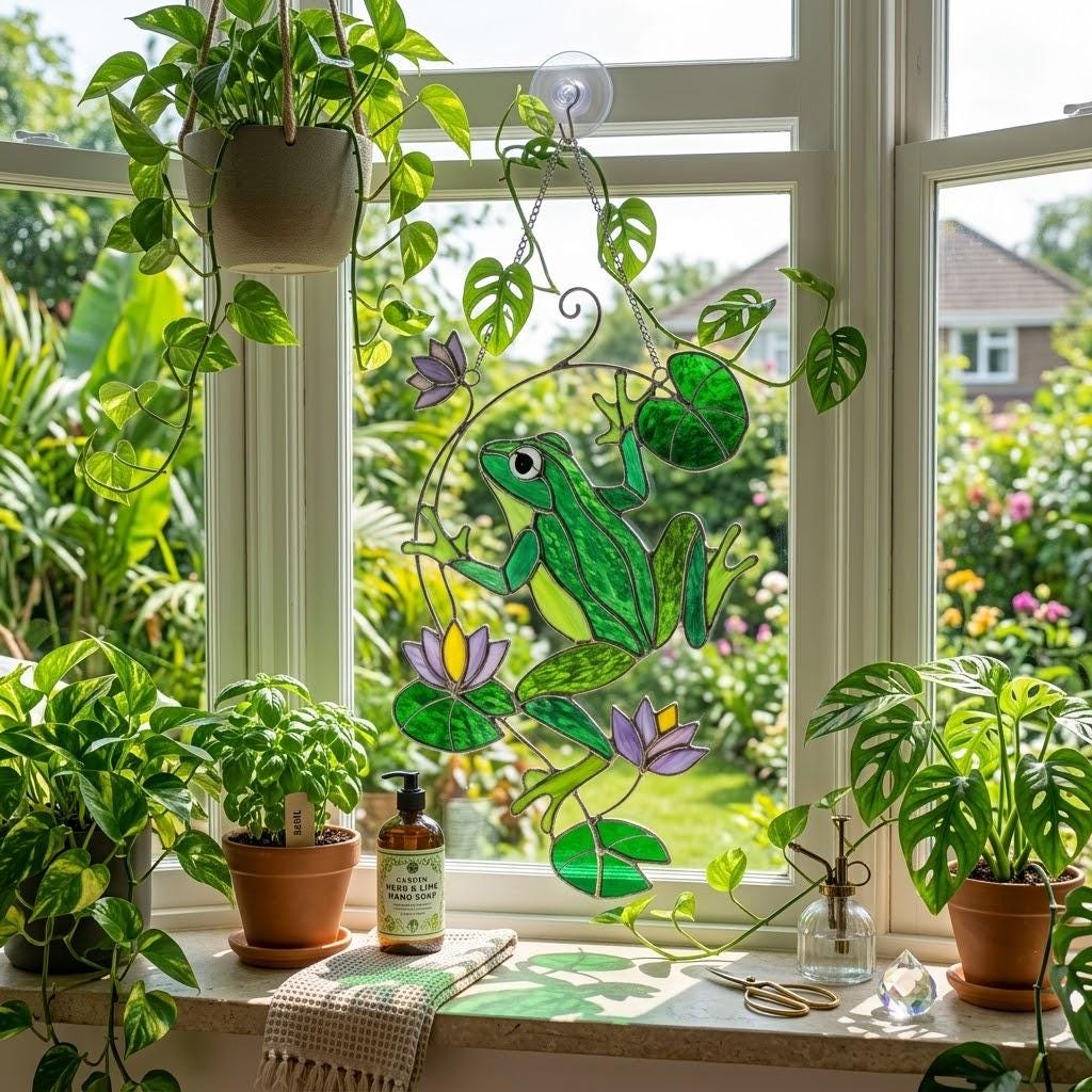 Stained Glass Frog Suncatcher, Green Frog Window Hanging, Lotus Pond Sun Catcher, Nature Decor, Cottagecore Gift, Handmade Glass Art