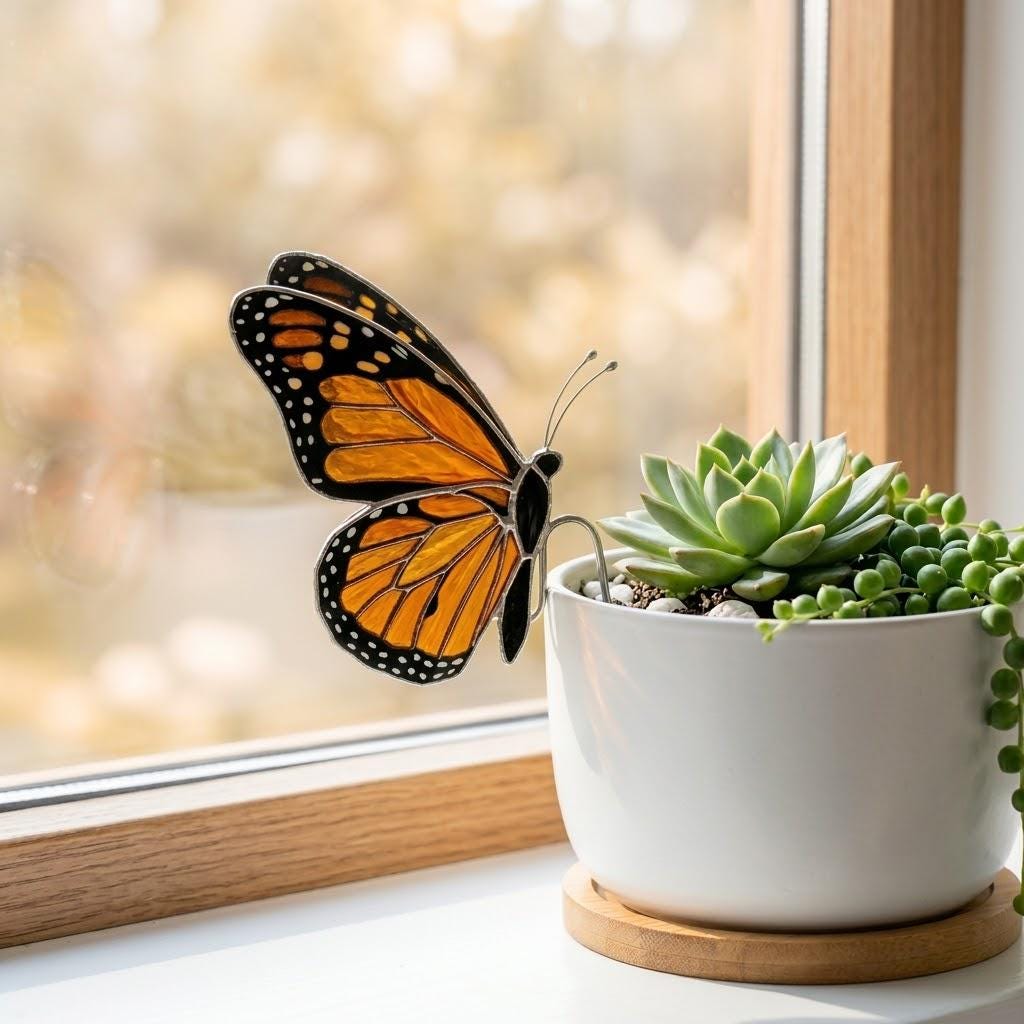 Monarch Butterfly Stained Glass Stake Indoor Planter Decor Botanical Fairy Garden Memorial Gift for Mom Plant Lover Suncatcher