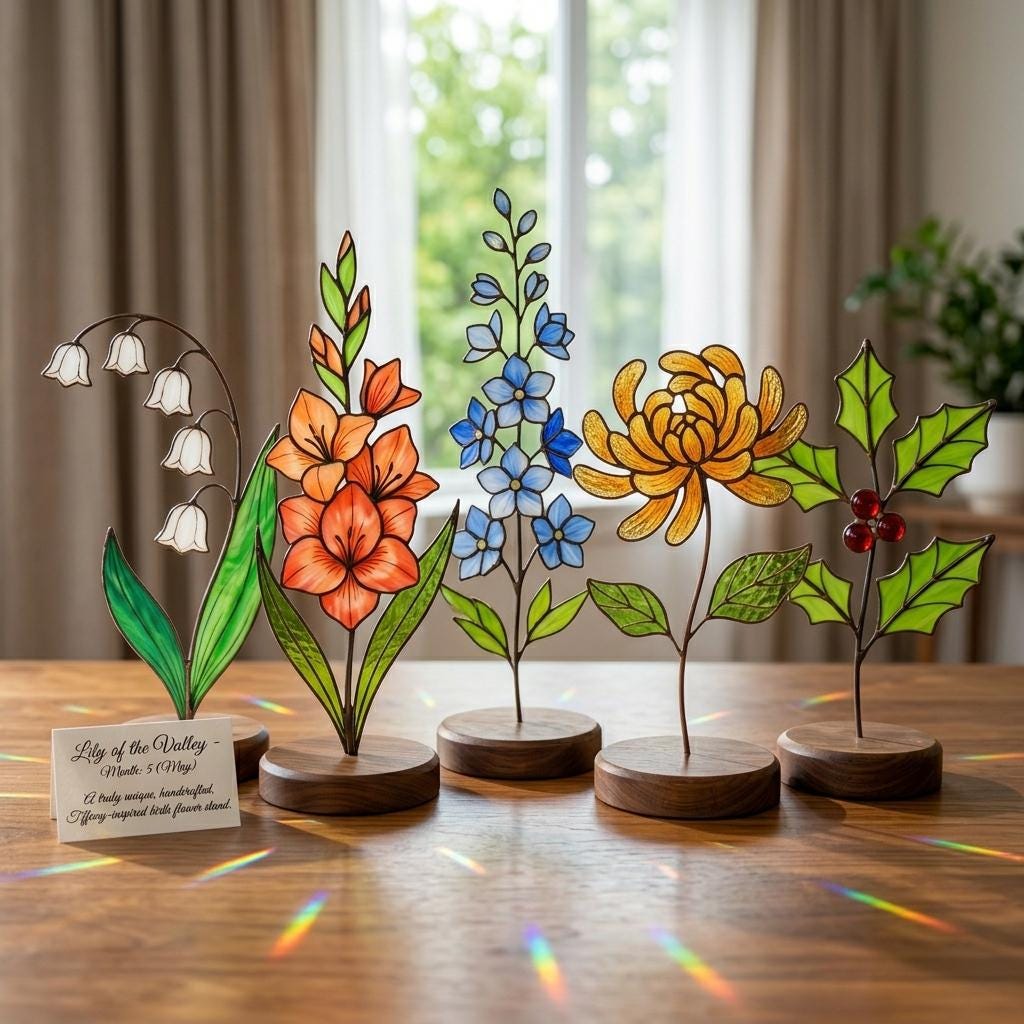 Custom Birth Month Flower, Stained Glass Decor with Wood Base, Personalized Gift for Her, Mothers Day Glass Art, Engraved Name Keepsake
