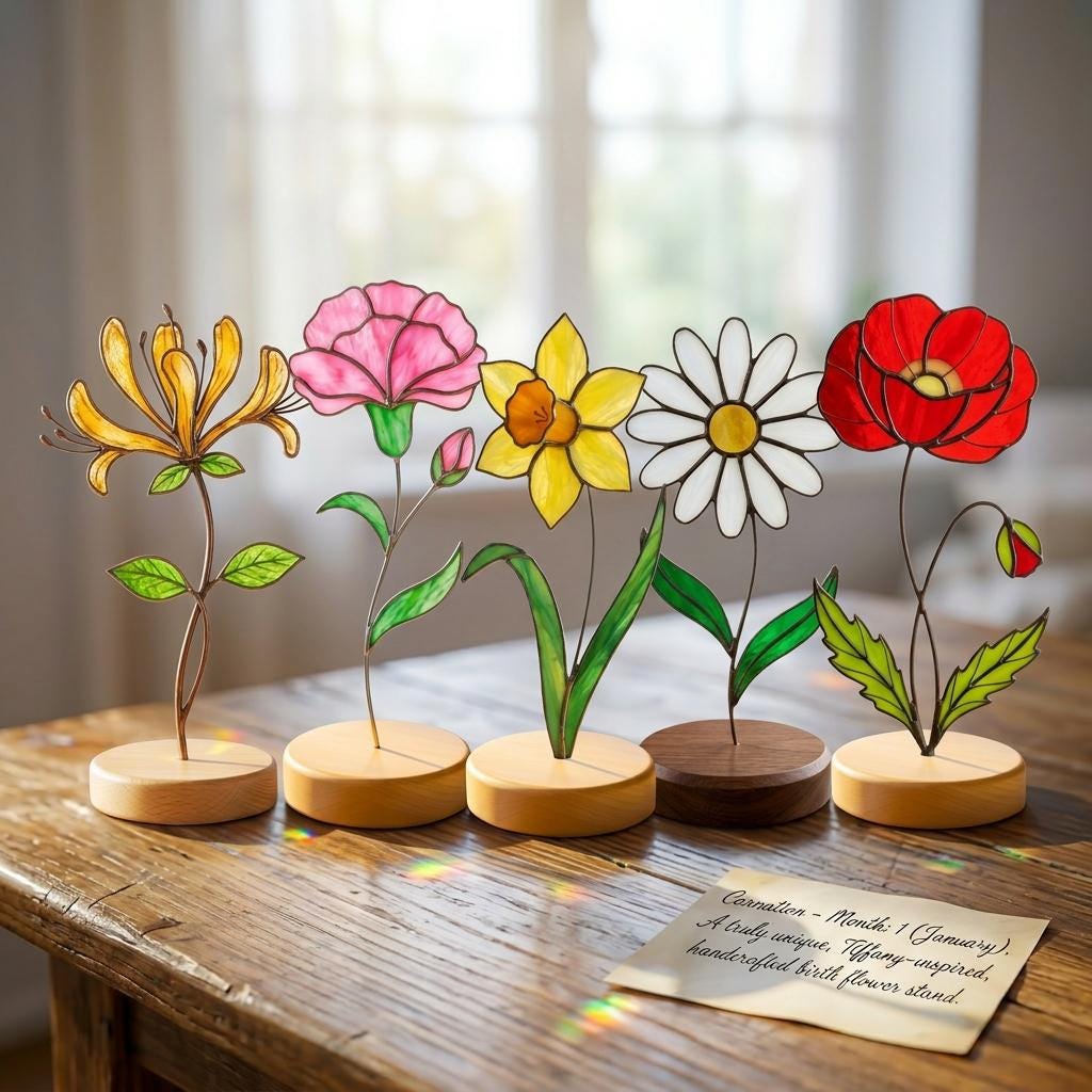 Stained Glass Birth Flower Plant Stake - Personalized Keepsake Gift, Mom Grandma Birthday Flower
