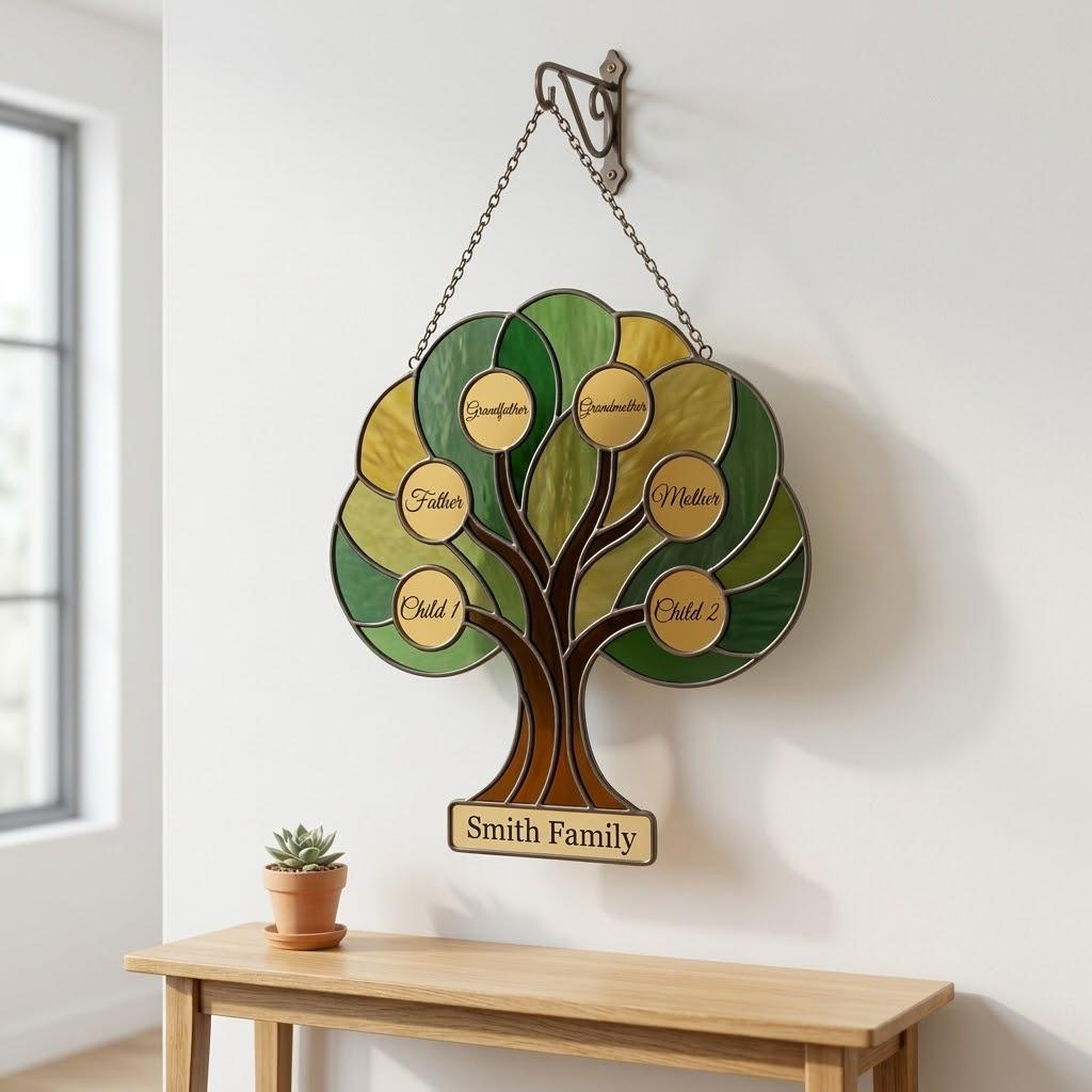 Custom Family Tree Stained Glass Suncatcher Personalized Gift for Grandma Tree of Life Window Hanging Thoughtful Mother's Day Gift