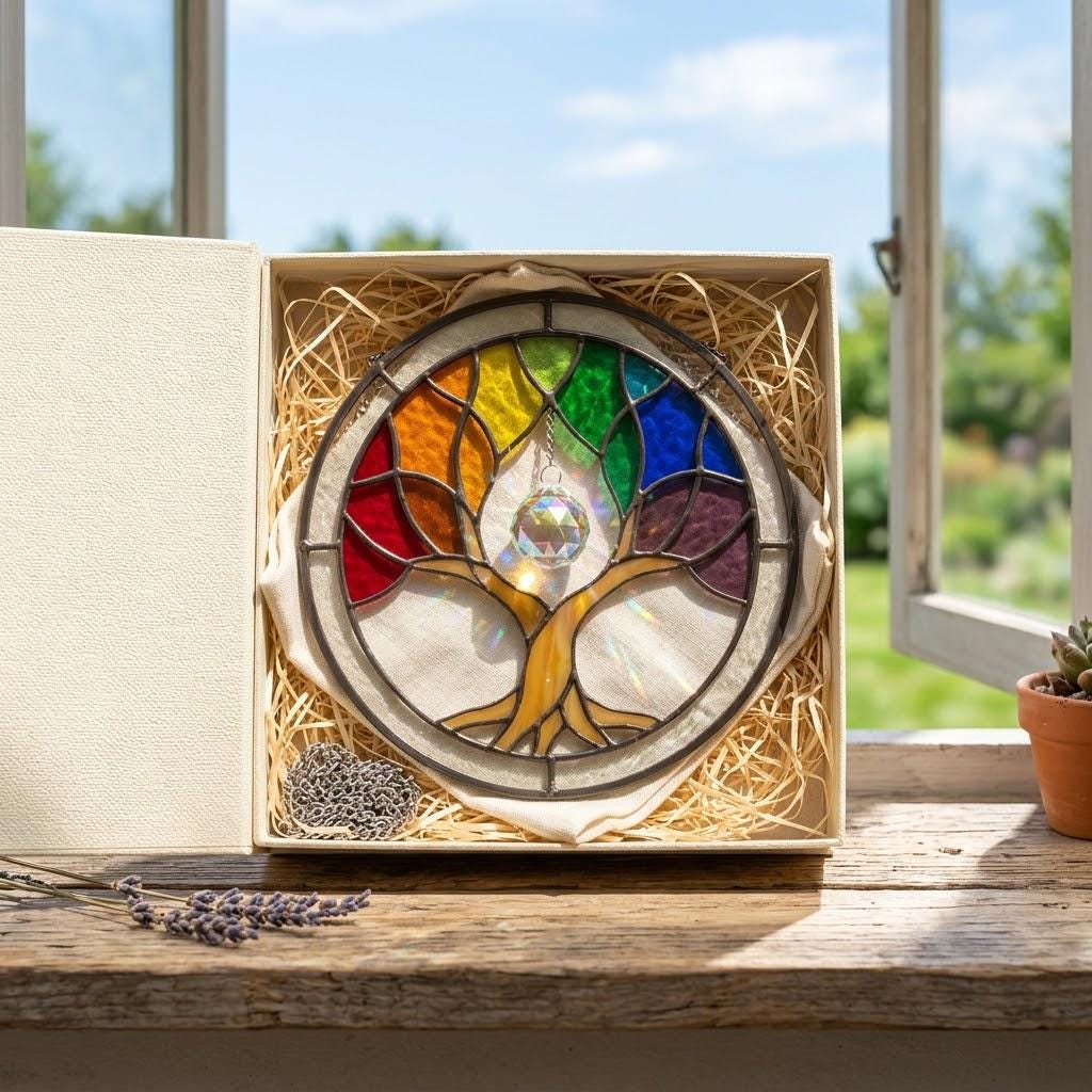 Custom Family Tree Stained Glass Suncatcher Personalized Gift for Grandma Tree of Life Window Hanging Thoughtful Mother's Day Gift