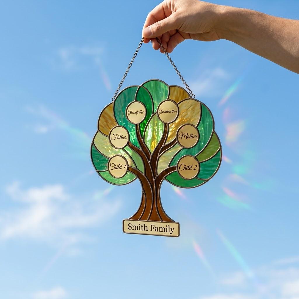 Custom Family Tree Stained Glass Suncatcher Personalized Gift for Grandma Tree of Life Window Hanging Thoughtful Mother's Day Gift