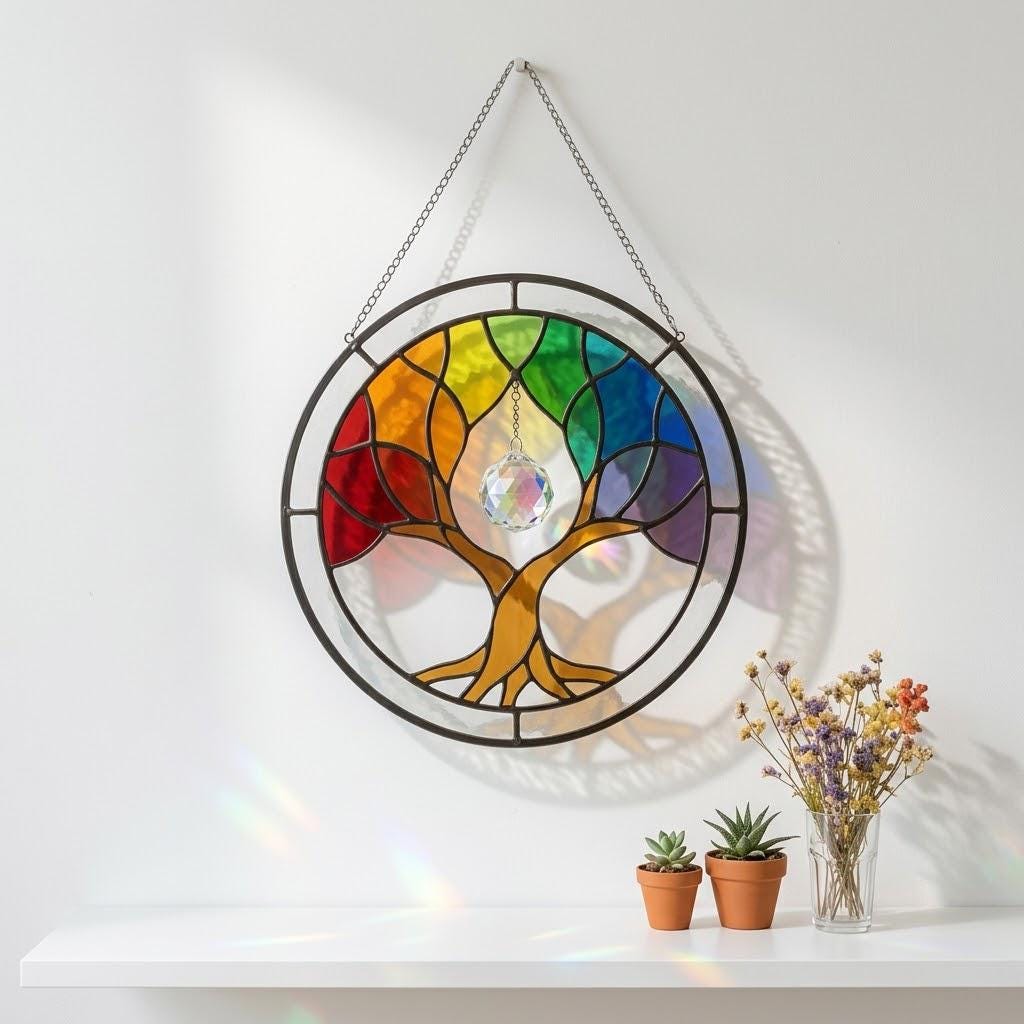 Custom Family Tree Stained Glass Suncatcher Personalized Gift for Grandma Tree of Life Window Hanging Thoughtful Mother's Day Gift