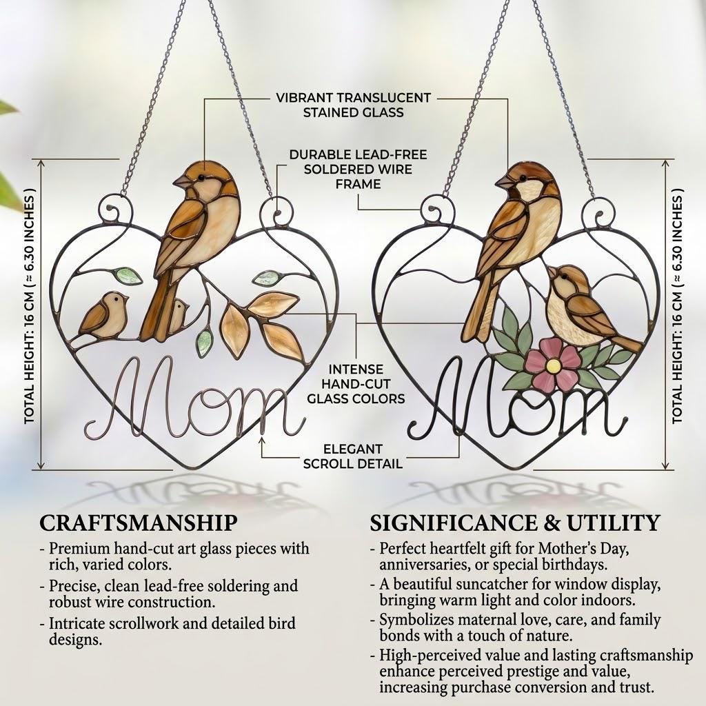Stained glass cardinal mother and baby bird suncatcher in a heart frame with the word Mom, handmade window hanging gift.