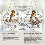 Stained glass cardinal mother and baby bird suncatcher in a heart frame with the word Mom, handmade window hanging gift.