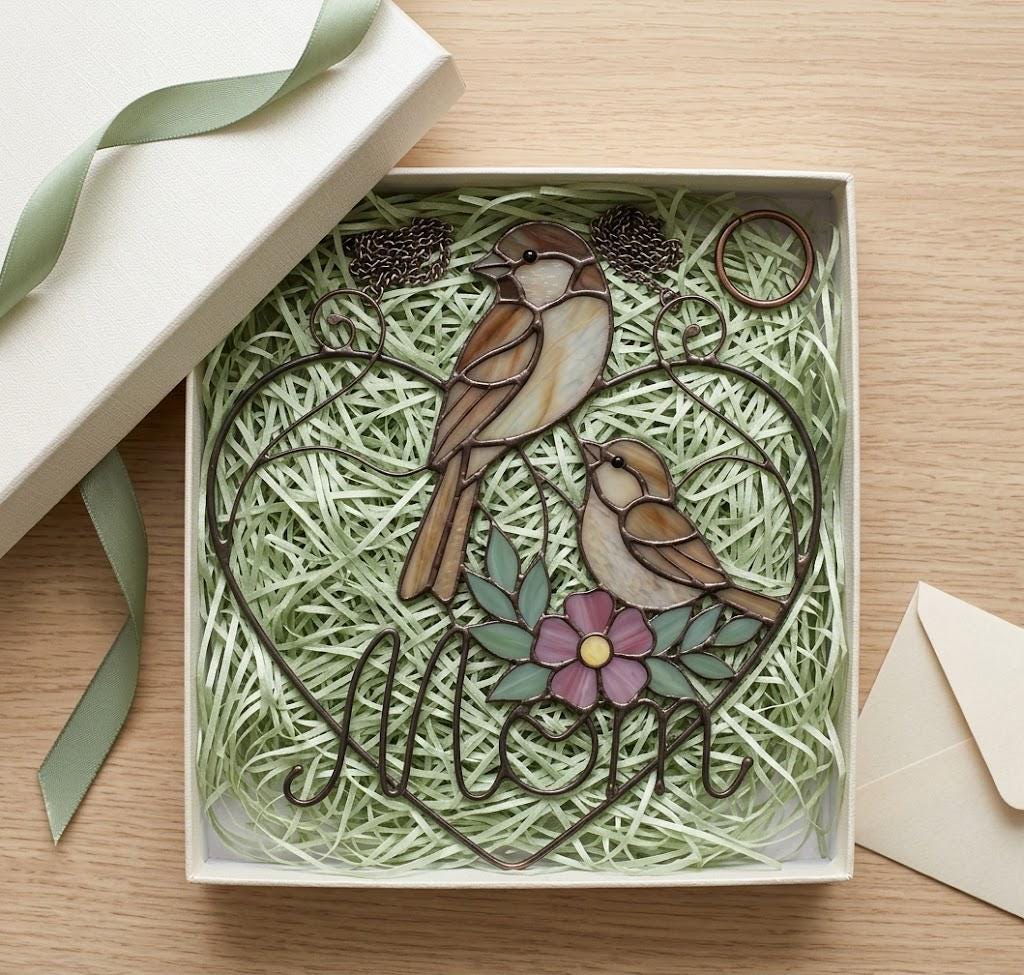 Stained glass cardinal mother and baby bird suncatcher in a heart frame with the word Mom, handmade window hanging gift.
