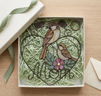 Stained glass cardinal mother and baby bird suncatcher in a heart frame with the word Mom, handmade window hanging gift.