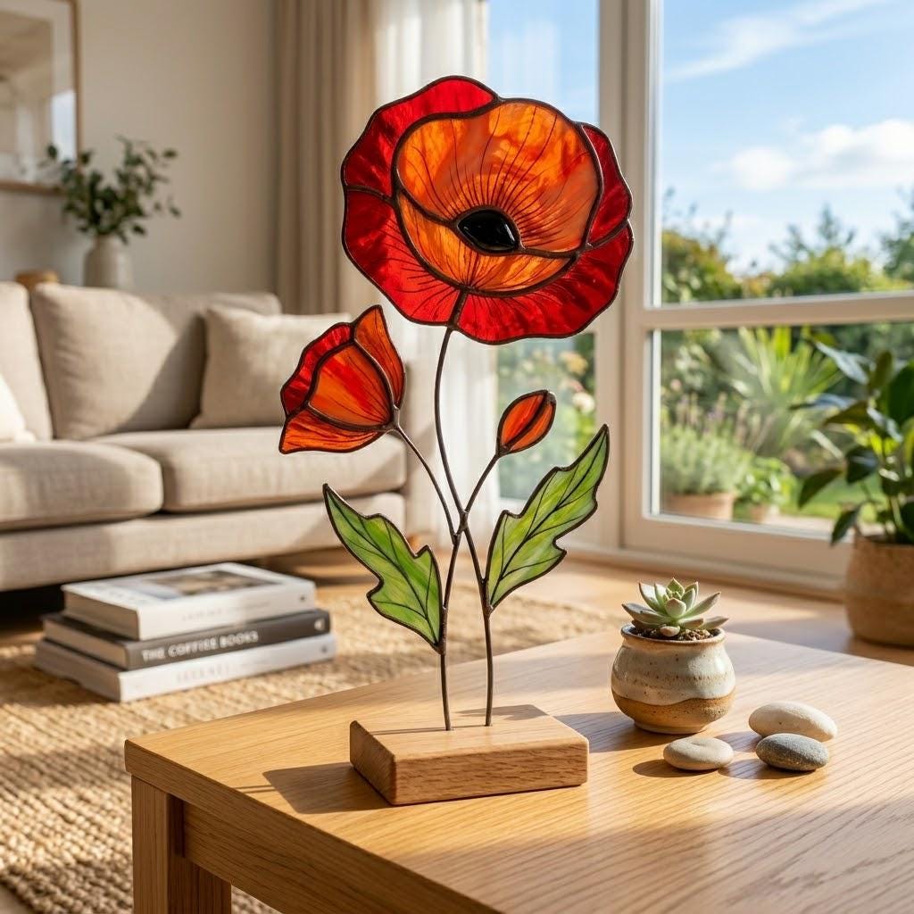 Stained Glass Poppy Flower on Oak Base, California Poppy Decor, Personalized Gift for Her, Botanical Glass Art, Anniversary Birthday Present