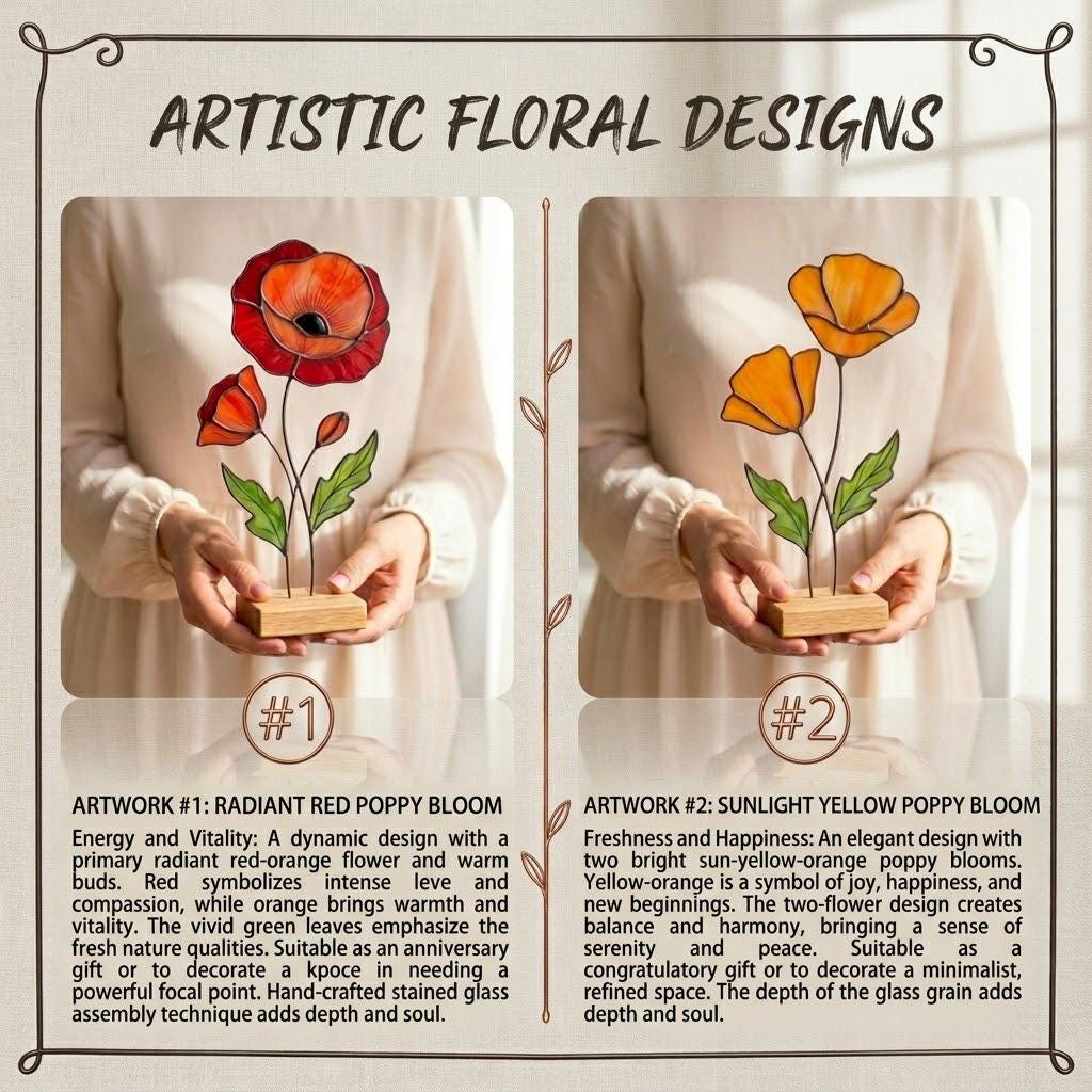 Close-up of an artisan holding a 20cm tall stained glass flower sculpture, showing the intricate lead-free solder lines and premium textured glass detail.