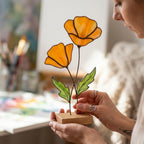Stained Glass Poppy Flower on Oak Base, California Poppy Decor, Personalized Gift for Her, Botanical Glass Art, Anniversary Birthday Present