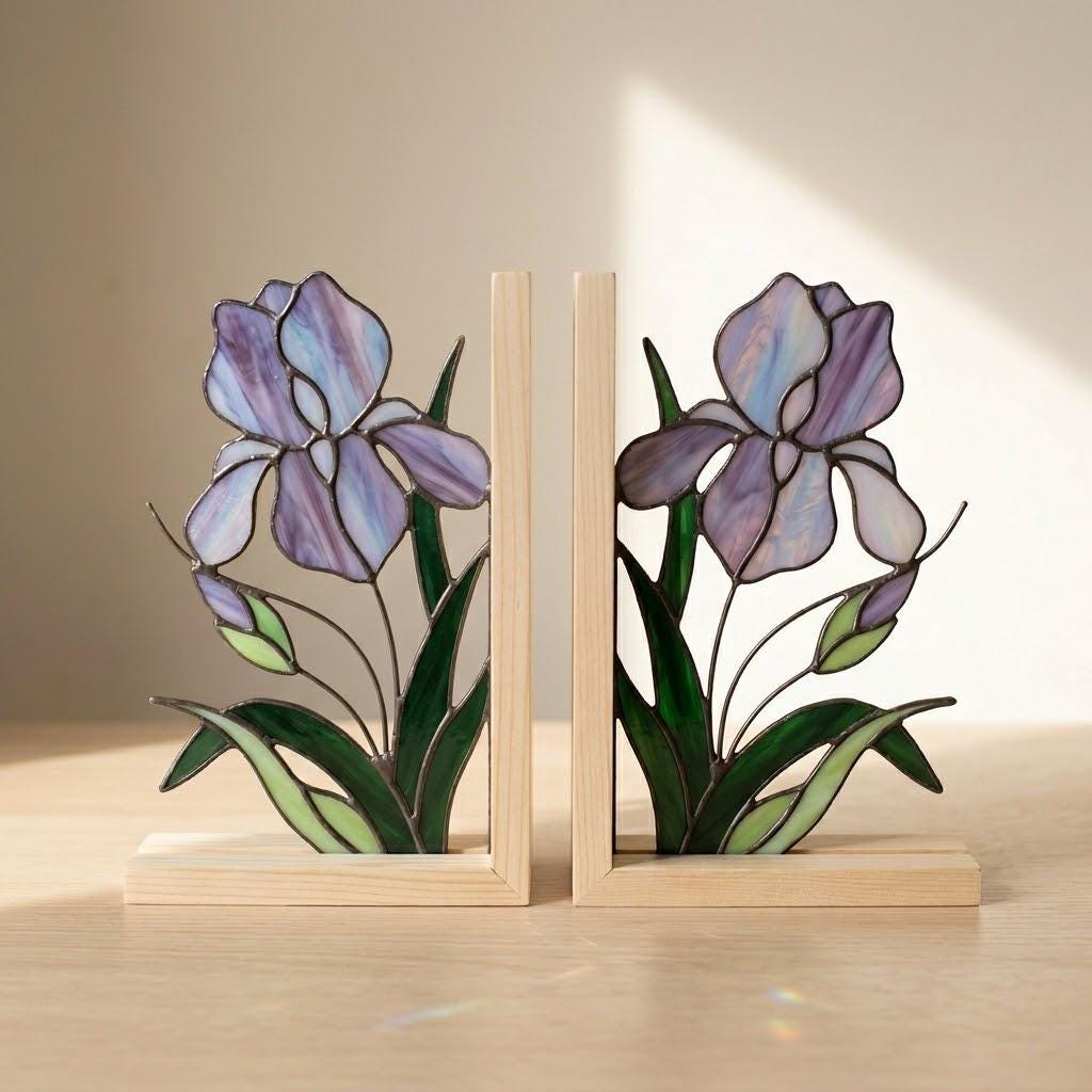 Stained Glass Iris Bookends Gift for Book Lover Mother's Day Gift for Mom Floral Bookshelf Decor Reading Nook Aesthetic