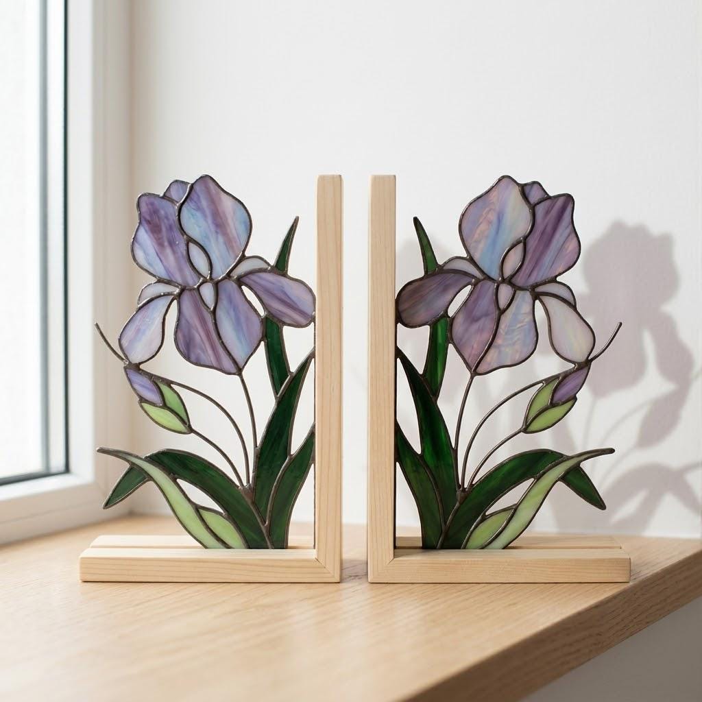 Stained Glass Iris Bookends Gift for Book Lover Mother's Day Gift for Mom Floral Bookshelf Decor Reading Nook Aesthetic