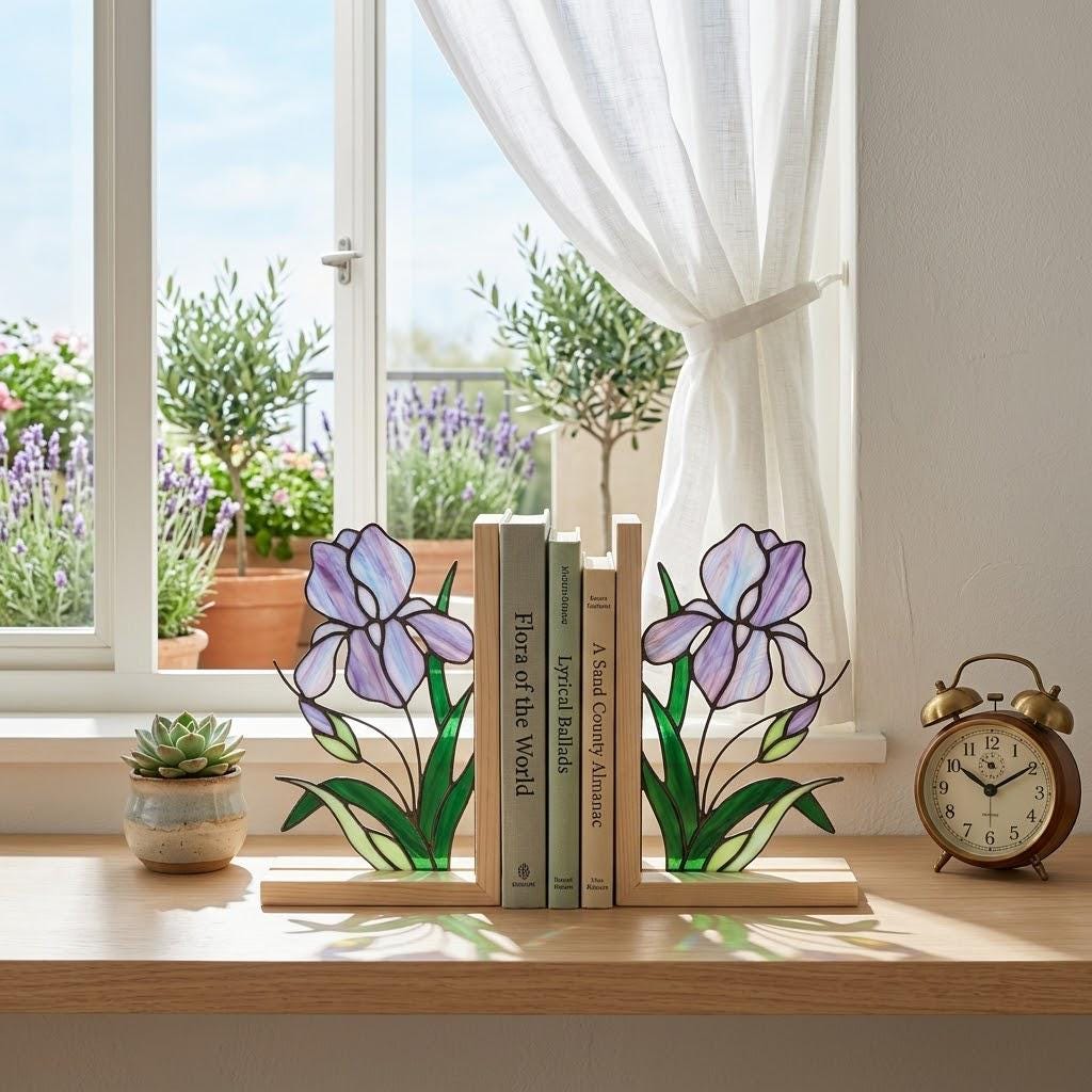 Stained Glass Iris Bookends Gift for Book Lover Mother's Day Gift for Mom Floral Bookshelf Decor Reading Nook Aesthetic