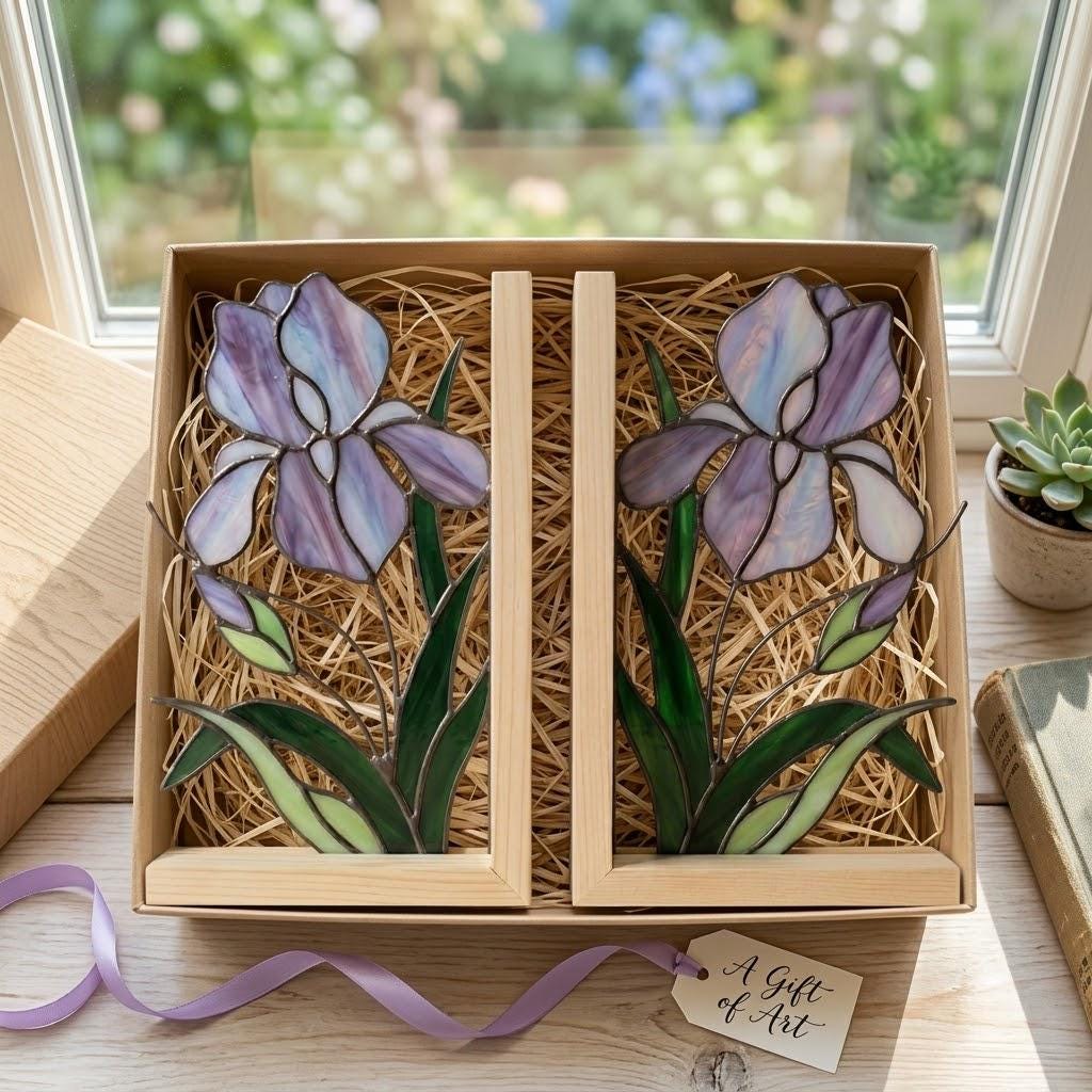 Stained Glass Iris Bookends Gift for Book Lover Mother's Day Gift for Mom Floral Bookshelf Decor Reading Nook Aesthetic