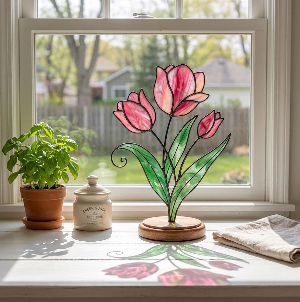 Stained Glass Tulip Flower Mother's Day Gift for Mom March Birth Month Gift Everlasting Desk Decor Anniversary Gift for Wife