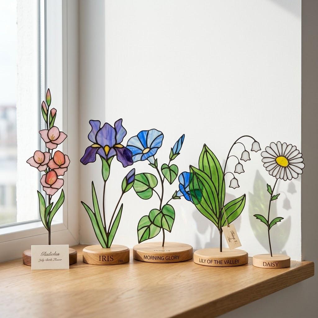 Handcrafted flat stained glass birth month flowers standing on personalized wooden bases, casting colorful light reflections. Perfect Mother's Day or birthday gift.