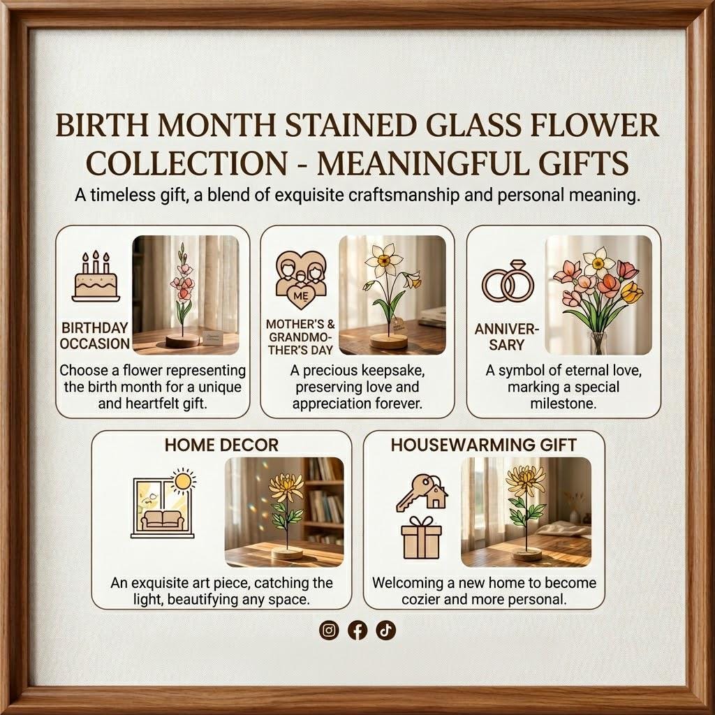 Handcrafted 2D flat stained glass birth month flower suncatcher standing on a custom engraved wooden base, perfect for office desk decor or a personalized birthday gift for women.