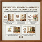 Handcrafted 2D flat stained glass birth month flower suncatcher standing on a custom engraved wooden base, perfect for office desk decor or a personalized birthday gift for women.