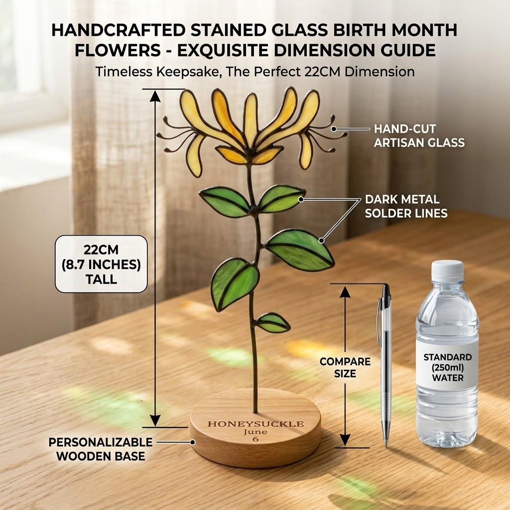 Handcrafted flat stained glass birth month flowers standing on personalized wooden bases, casting colorful light reflections. Perfect Mother's Day or birthday gift.