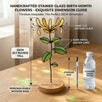 Handcrafted 2D flat stained glass birth month flower suncatcher standing on a custom engraved wooden base, perfect for office desk decor or a personalized birthday gift for women.