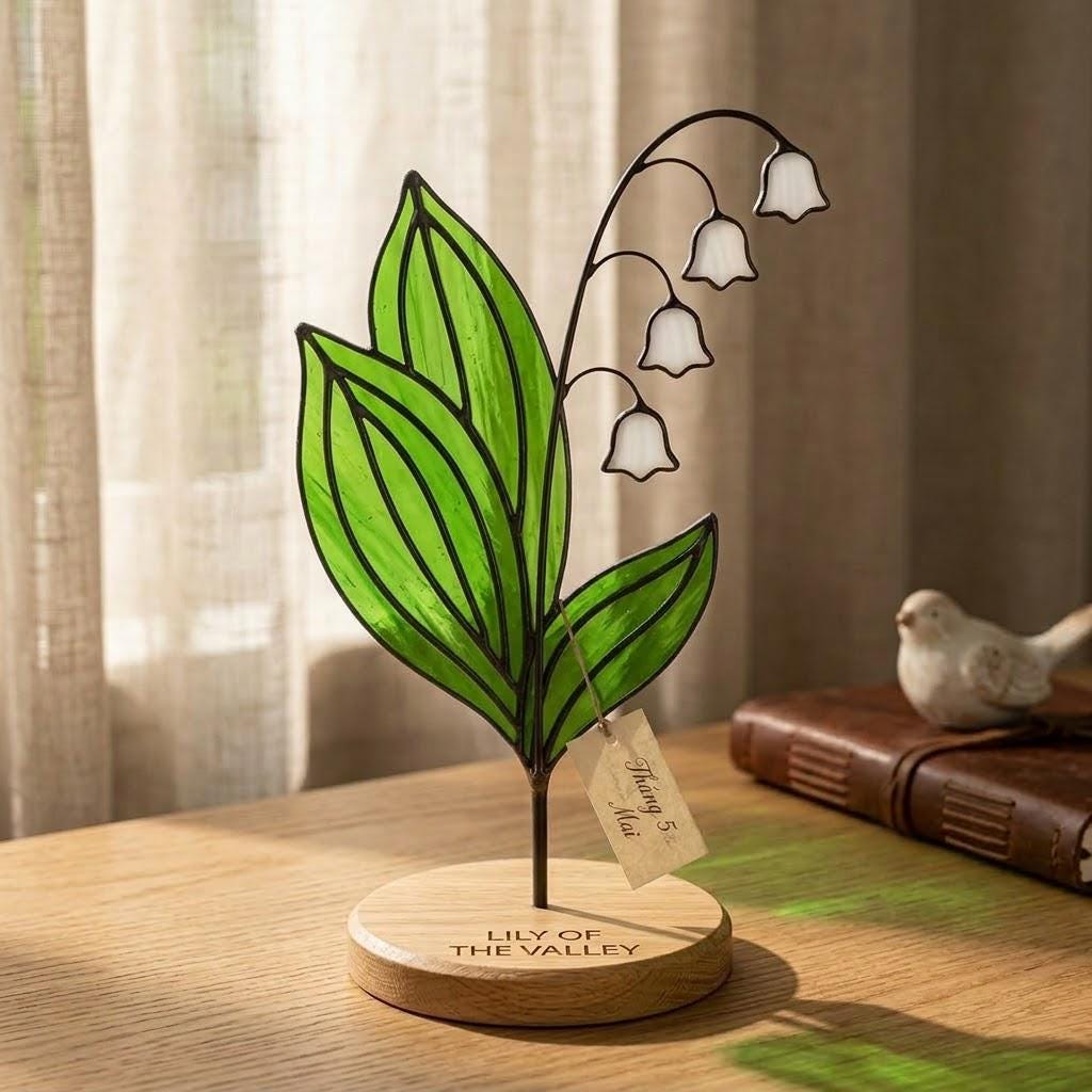 Handcrafted 2D flat stained glass birth month flower suncatcher standing on a custom engraved wooden base, perfect for office desk decor or a personalized birthday gift for women.